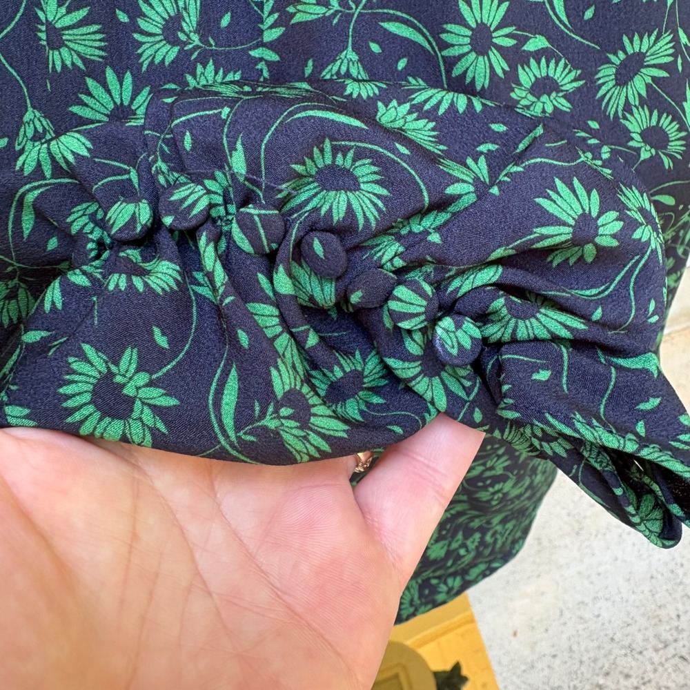 Zara Floral High Neck Blouse XL Green Black Puff Sleeve Ruffle NWT Victorian - Picture 10 of 10